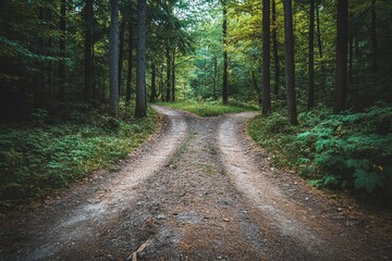 Crossroads splitting in two dirt paths in lush green forest