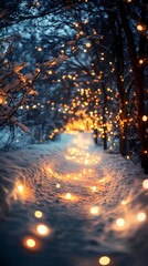 Naklejka premium Soft blurred golden lights shimmer faintly along a snow-laden forest road evoking a peaceful and dreamy winter wonderland atmosphere
