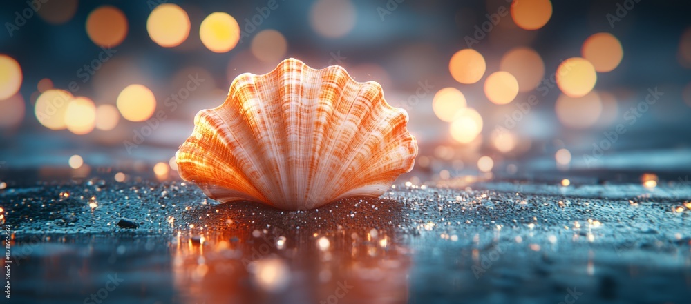 Poster seashell on shimmering surface with bokeh lights.