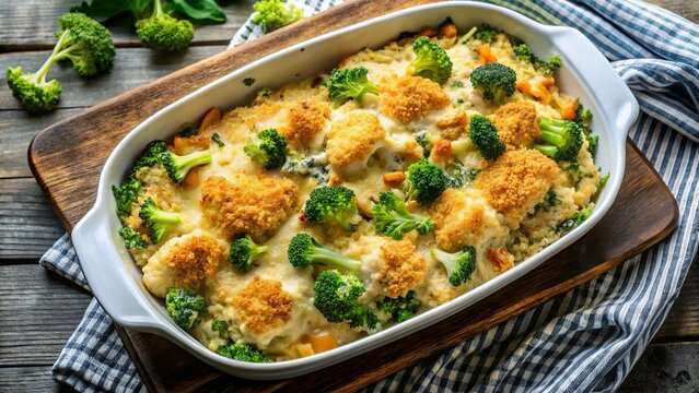 Top view of Chicken Divan with creamy sauce, broccoli, and crispy panko topping, baked to perfection.