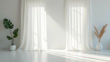 A soft white studio with translucent curtain effects for ethereal product photography.
