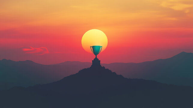 finance, A silhouette of an award cup against the backdrop of a sunset, in a minimalist, vintage style with high resolution and high detail.