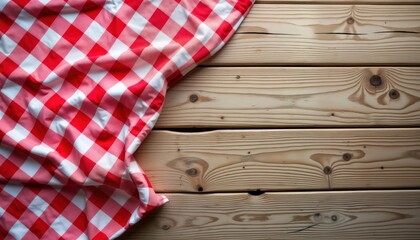 Obraz premium Red, white checkered tablecloth covers wooden table. Empty table setting. Rustic wooden surface. Homey ambiance. Simple design. Kitchen, picnic, cafe setting. Suitable for menus, food photography.