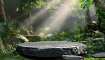 Obraz premium A flat stone podium in the magical forest , empty round stand background