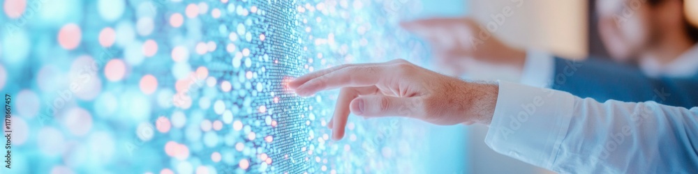 Poster collaborative innovation professionals interacting with futuristic digital interface in a minimalist