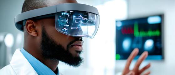 A scientist wearing advanced augmented reality glasses in a modern lab, engaging with digital interfaces and medical data.