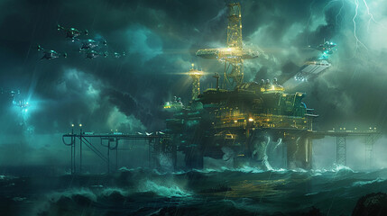 A city skyline with many tall buildings and a large industrial area. The sky is dark and the buildings are lit up