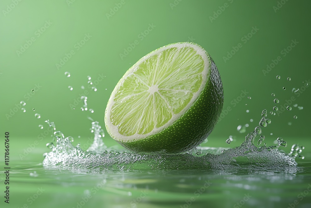 Poster a halved lime splashing into a pool of water, creating a beautiful, refreshing visual with droplets 