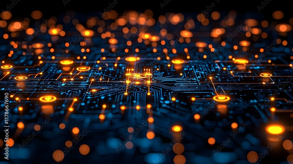 Poster digital matrix of interconnected global nodes pulsing with energy and industry icons