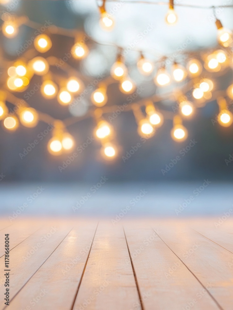 Poster enchanting winter evening with string lights on wooden stage