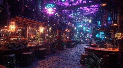 Naklejka premium An alien marketplace with glowing stalls and futuristic alien technologies