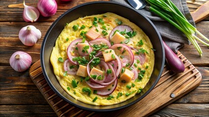 Top view of savory deli ham and onion omelets sizzling in a skillet, ready to enjoy.