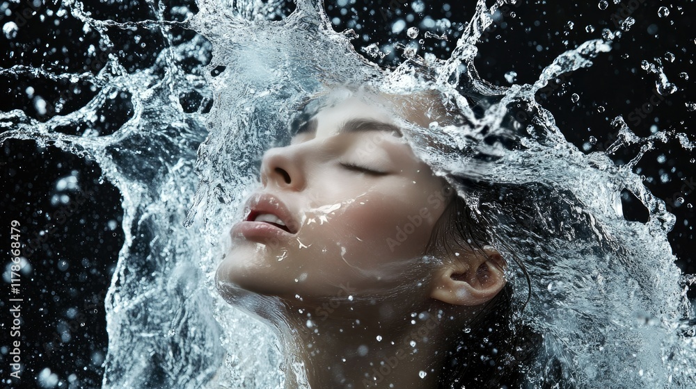 Poster high-speed splash of clean water on a black background, capturing the delicate droplets and dynamic 
