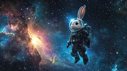 Naklejka premium A Space Bunny in Astronaut Suit Floating Through a Colorful Galaxy with Stars and Cosmic Elements Surrounding the Adorable Animal in Deep Space Exploration
