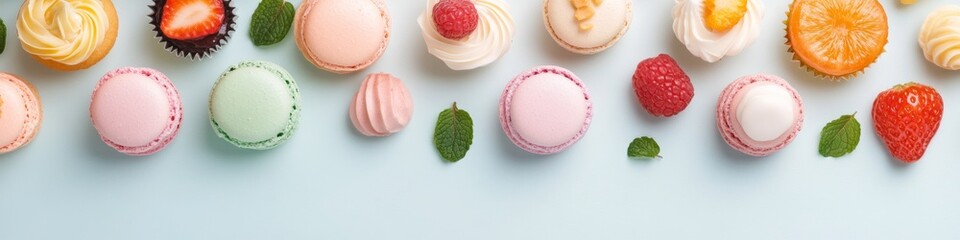 Fototapeta premium Colorful Spring Desserts Macarons, Cupcakes, and Tarts on Pastel Background