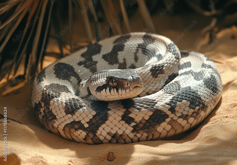 Poster a close-up view of a nonvenomous snake coiled on soft sand beneath tropical leaves, highlighting its