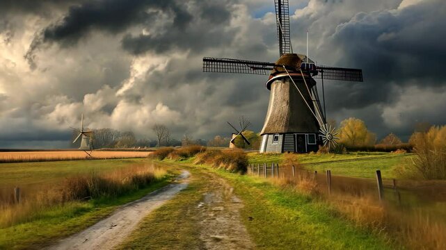 A dirt road stretches towards a windmill as dark clouds fill the sky, Rustic windmill in a Dutch landscape