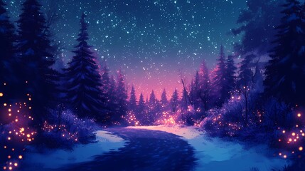 Fototapeta premium Enchanting winter forest road with glowing blurred bokeh lights background.