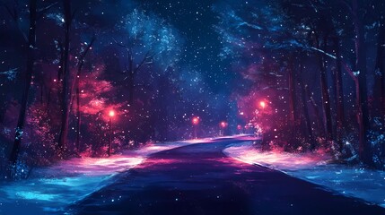 Enchanting winter forest road with glowing blurred bokeh lights background.