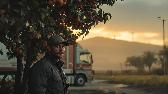 Confident driver in warm clothing standing by truck in rainy weather,Portrait of male camper in rain,Young sporty man taking his hood off,Modern man in winter coat