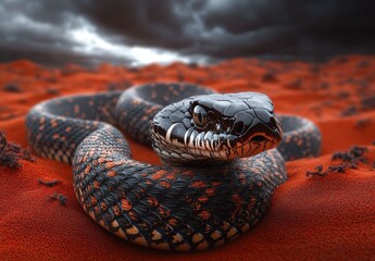 Fototapeta premium A Majestic Black Snake Coiled on the Vibrant Red Desert Sand Under a Dramatic Cloudy Sky