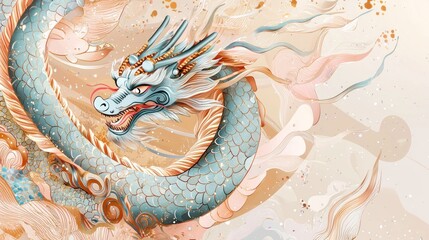 Majestic Blue Dragon Illustration Surrounded by Whimsical Elements and Soft Hues, Capturing the Essence of Mythical Creatures in a Dreamlike Setting
