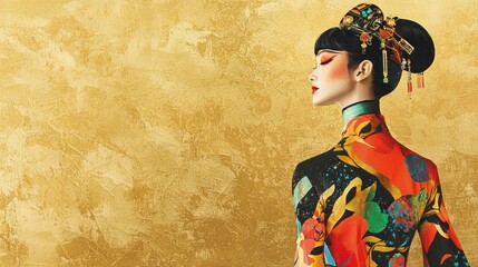 Fototapeta premium Elegant Asian Woman in Traditional Attire Against a Glimmering Gold Background Exuding Grace and Cultural Beauty with Vibrant Colors and Intricate Details