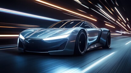 Sleek silver sports car speeding through a vibrant city tunnel at night, showcasing dynamic motion blur and futuristic design.