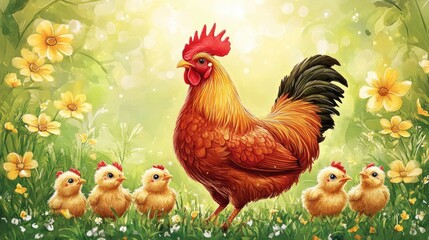 Fototapeta premium Rooster and chicks standing in flowery field watercolor painting