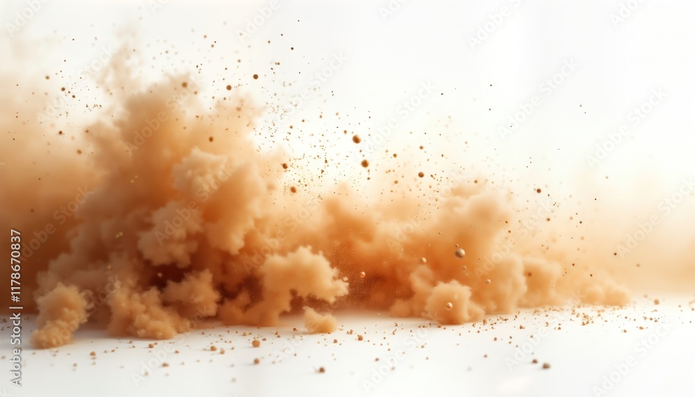 Poster powerful sandstorm cloud erupts against white background. flying sand particles create swirling effe