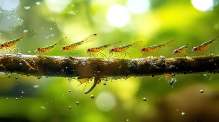 A close-up of shrimp swimming along a submerged branch in a lush aquatic environment.