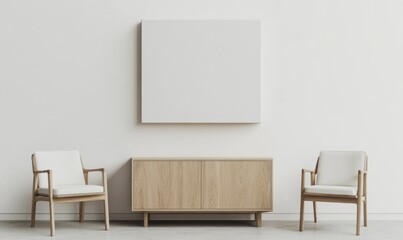 Minimalist living room with white chairs, light wood cabinet, and blank canvas.