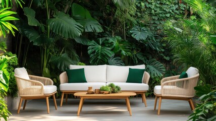 Stylish modern outdoor seating area with a chic sofa, perfect for relaxation and entertaining in the fresh air.