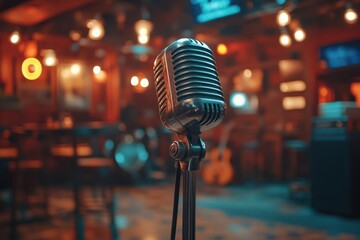 Vintage microphone stands ready for a live music performance in a cozy bar filled with warm lighting