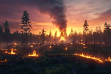Fototapeta premium Forest ablaze at sunset highlighting the impact of wildfires on natural landscapes