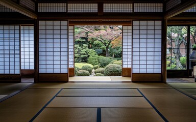 Obraz premium Traditional Japanese Tea House Tranquil Japanese room with shoji screens opening to serene garden.