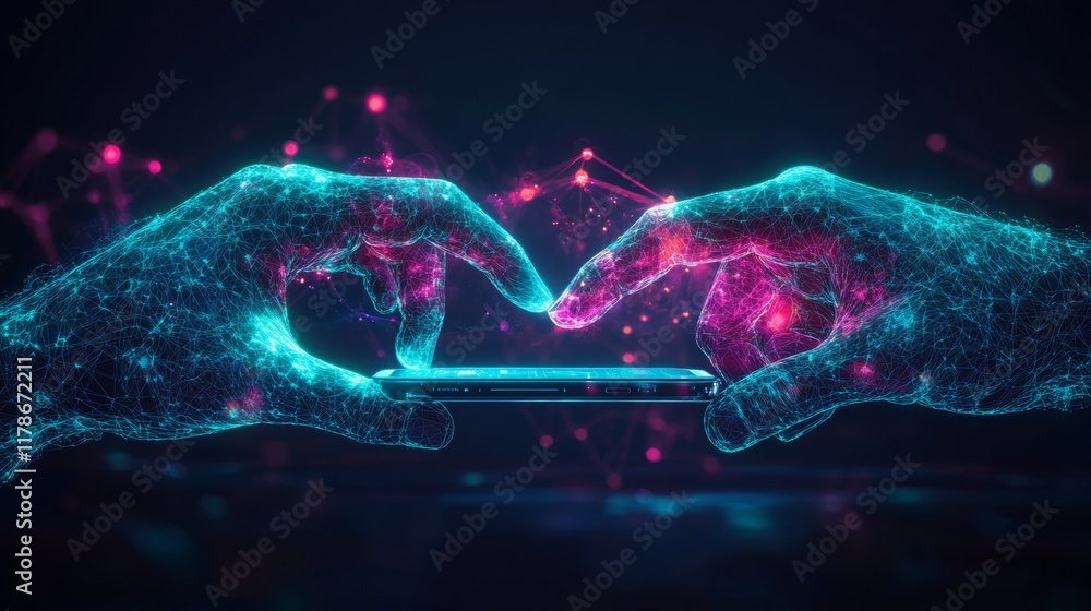 Poster futuristic interaction with holographic healthcare app interface over smartphone