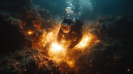 A diver exploring an underwater scene illuminated by glowing particles and bubbles.
