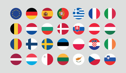 Flag of All European Union member countries. European Union countries Round flag Bundle.