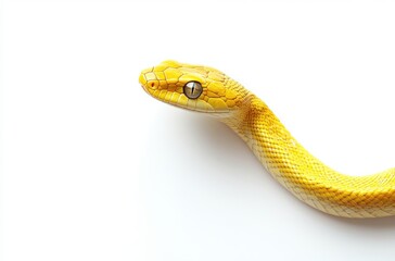 Fototapeta premium Beautiful Yellow Snake on White Background, Captivating Reptile with Unique Patterns, Wildlife Photography Showcase, Serpent Beauty in Close-Up Perspective