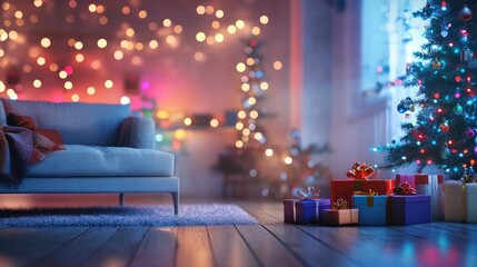 Merry Christmas and New Year holiday design with colorful bokeh lights, gift boxes, and a cozy, decorated living room backdrop