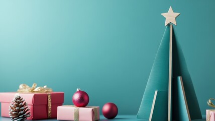 A charming teal wooden Christmas tree stands adorned with twinkling lights and festive ornaments, evoking holiday cheer.