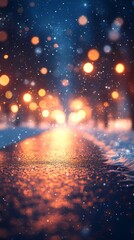 Naklejka premium Enchanting winter forest road with glowing blurred bokeh lights background.