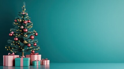 A charming teal wooden Christmas tree stands adorned with twinkling lights and festive ornaments, evoking holiday cheer.