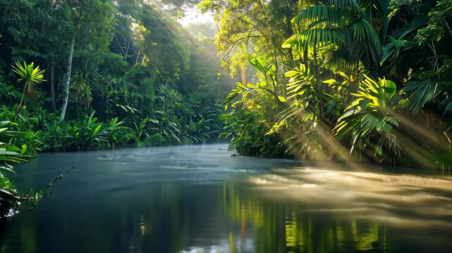 A videograph capturing a peaceful body of water surrounded by dense, vibrant green trees, Serene sout America rainforest river at dawn