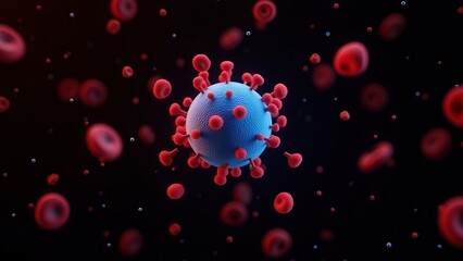 A menacing blue coronavirus dominates, encircled by a fiery halo of 13 bold red spheres, set against a starry black night sky with tiny white specks