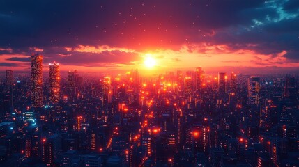 Obraz premium A vibrant sunset over a futuristic cityscape, with glowing lights and a dramatic sky.