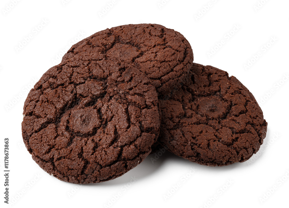 Poster chocolate cookies stacked on a white background with a textured surface enhancing the appearance and