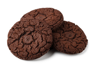 Chocolate cookies stacked on a white background with a textured surface enhancing the appearance...