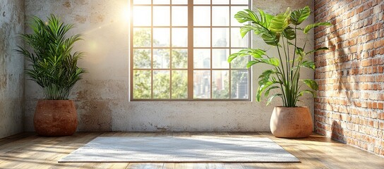 Sunlit room interior with plants, rug, and large window.